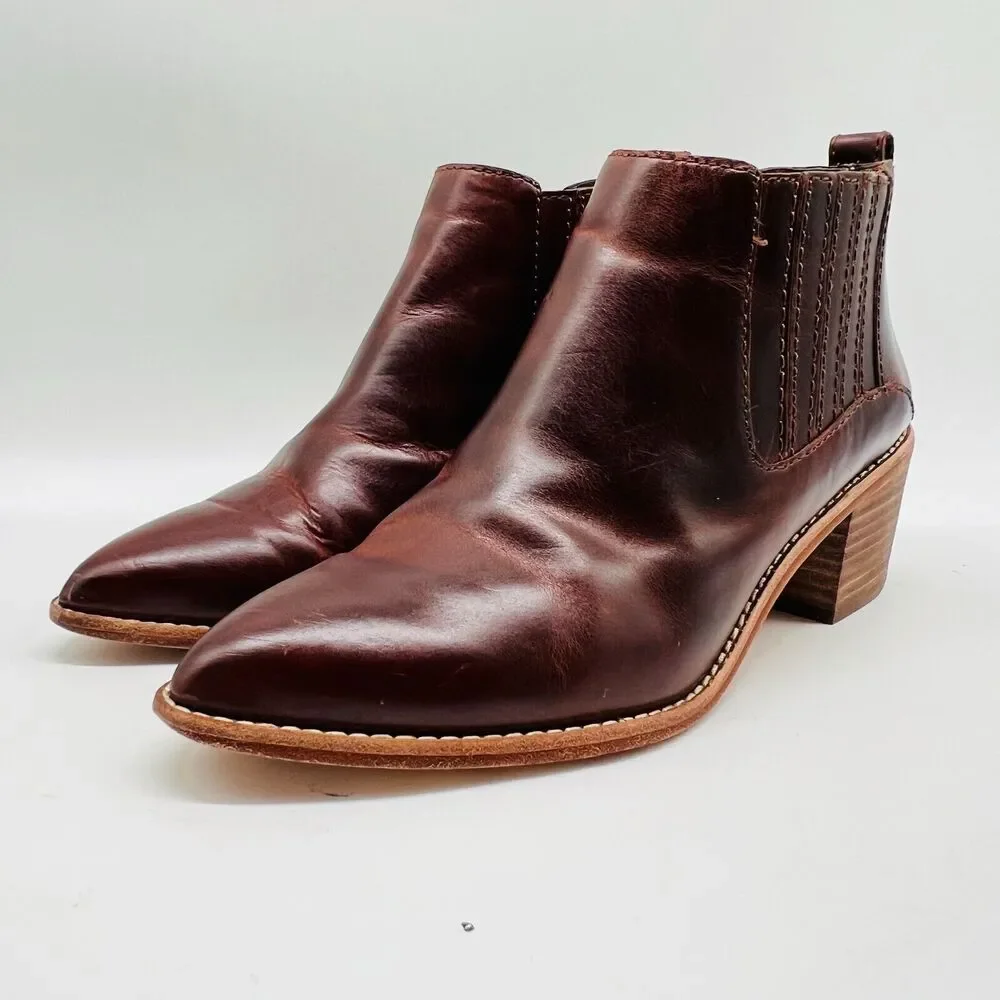 Madewell Boots Womens 8.5 Brown Leather Ankle Western Block Heel Festival Shoes - Picture 3 of 12